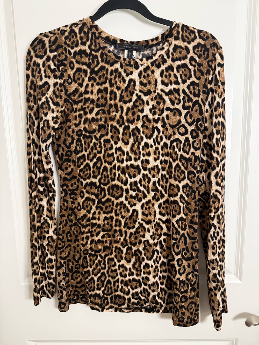 BCBGMaxAzria Leopard-Print Crewneck Top in Brown Black Cream